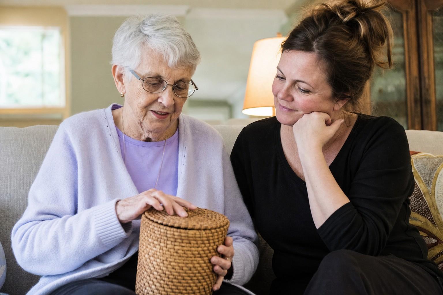 An older adult and a helper sharing a tactile activity at home.