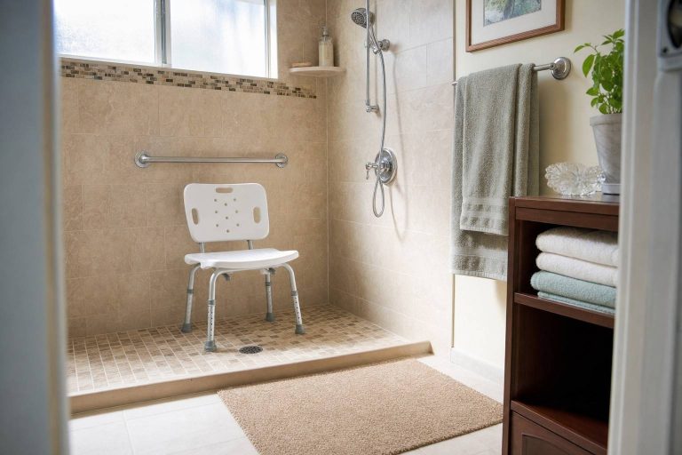 A bright home bathroom set up for safe bathing with a shower seat, grab bar and non-slip mat
