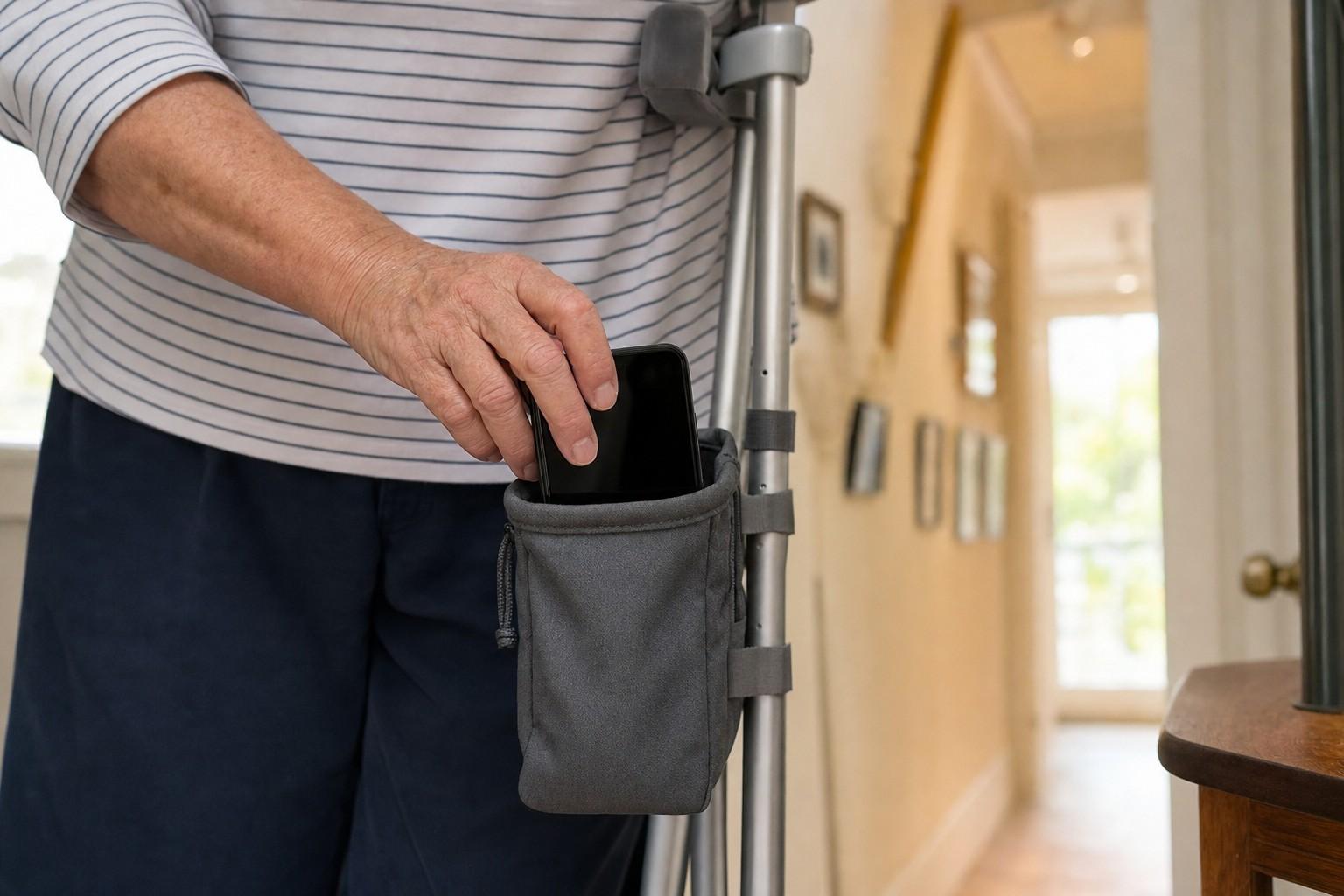 A hand taking a phone from a small fabric pouch strapped to an underarm crutch