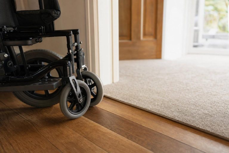 A wheelchair's wheels on hardwood flooring transitioning to carpet in a hallway.