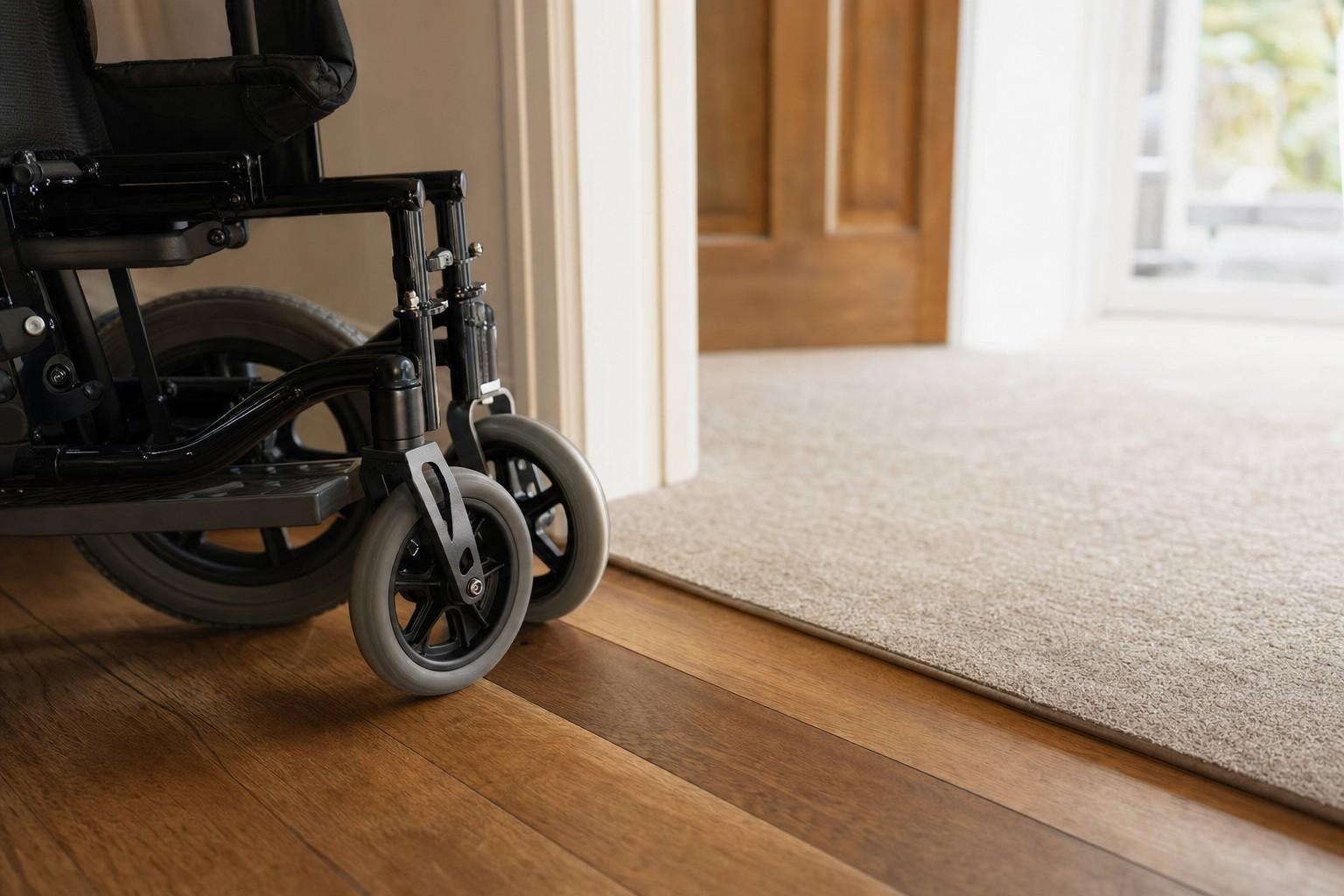 A wheelchair's wheels on hardwood flooring transitioning to carpet in a hallway.