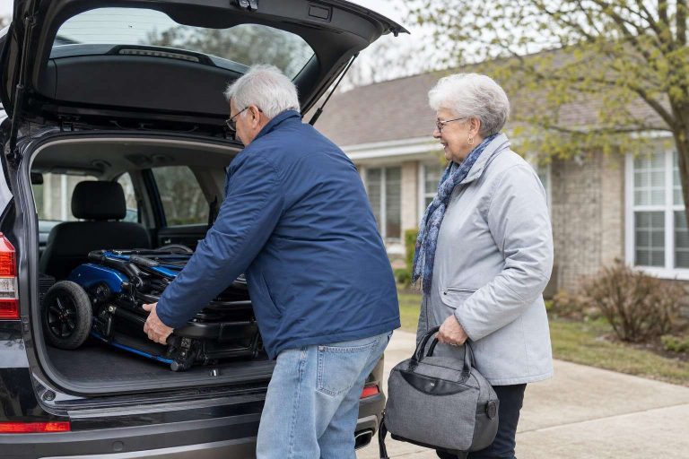 An older couple loading a folded mobility scooter into the trunk of their car