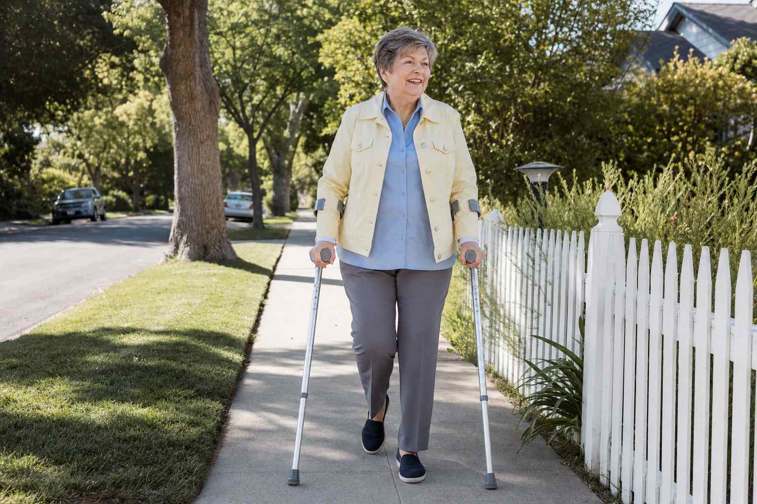 An older woman walking confidently with two forearm crutches on a sunny neighborhood sidewalk