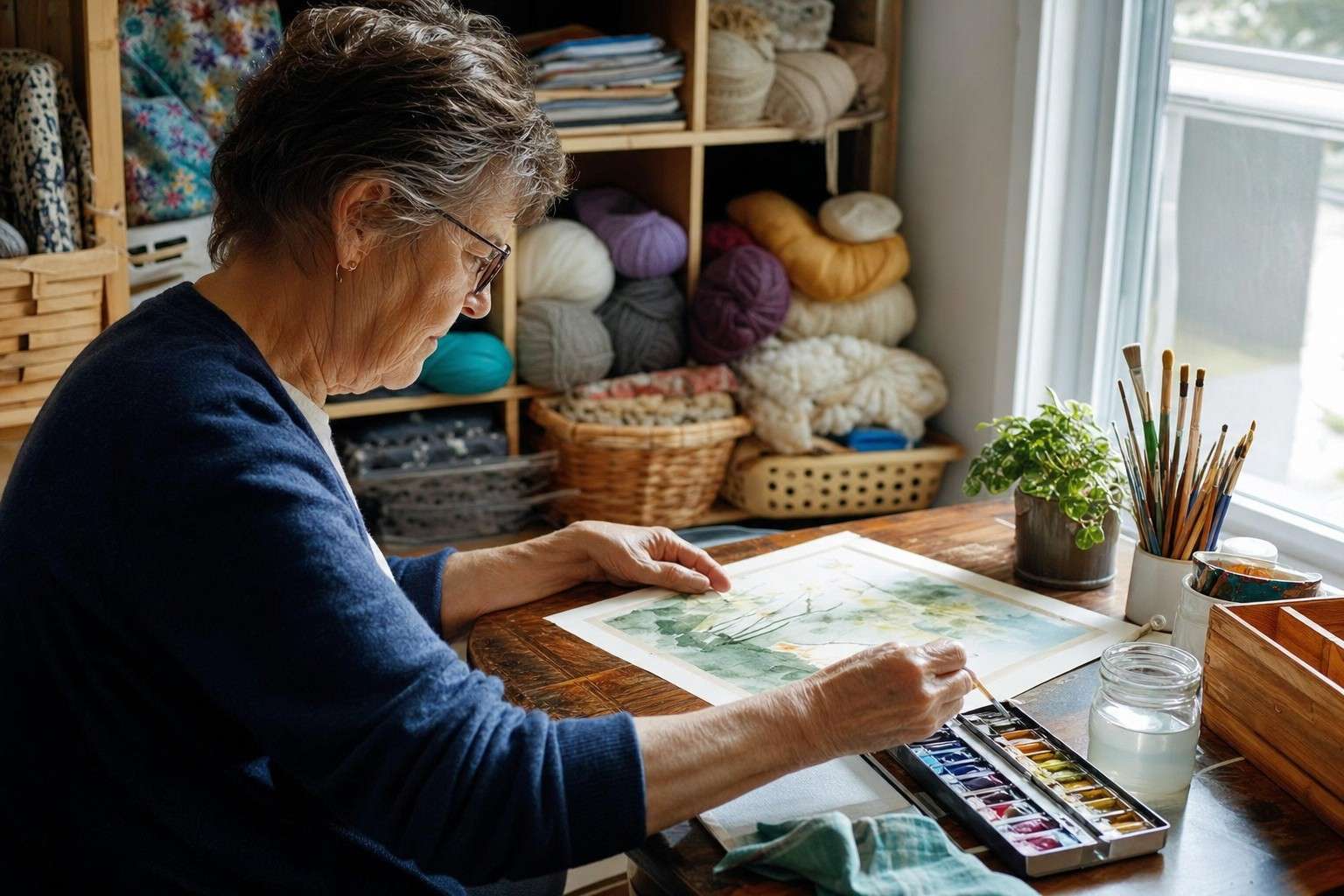 Older adult painting with watercolors at a craft room table.