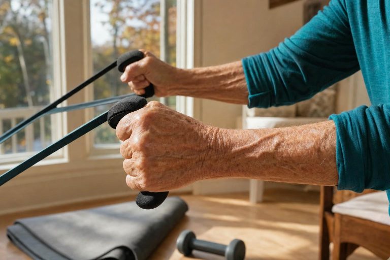 Close side view of an older adult's hands pulling a resistance band taut during a home workout