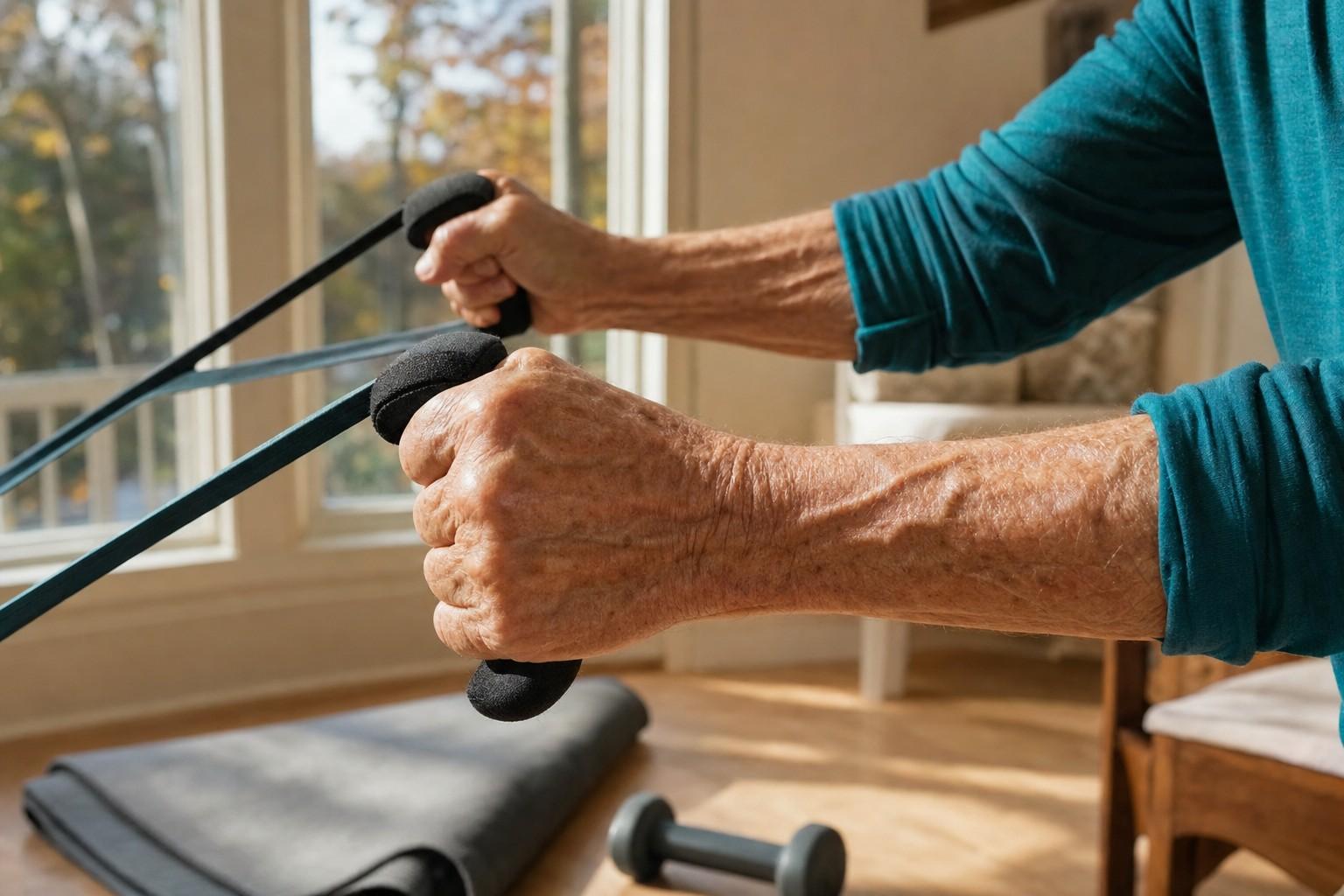 Close side view of an older adult's hands pulling a resistance band taut during a home workout