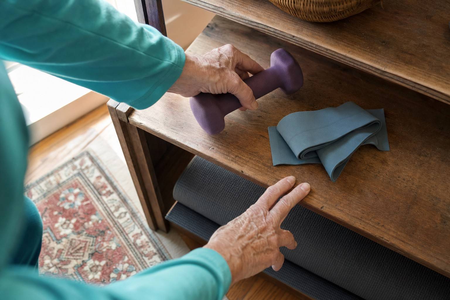 An older adult's hands placing a small dumbbell on a low shelf beside a rolled resistance band and folded exercise mat
