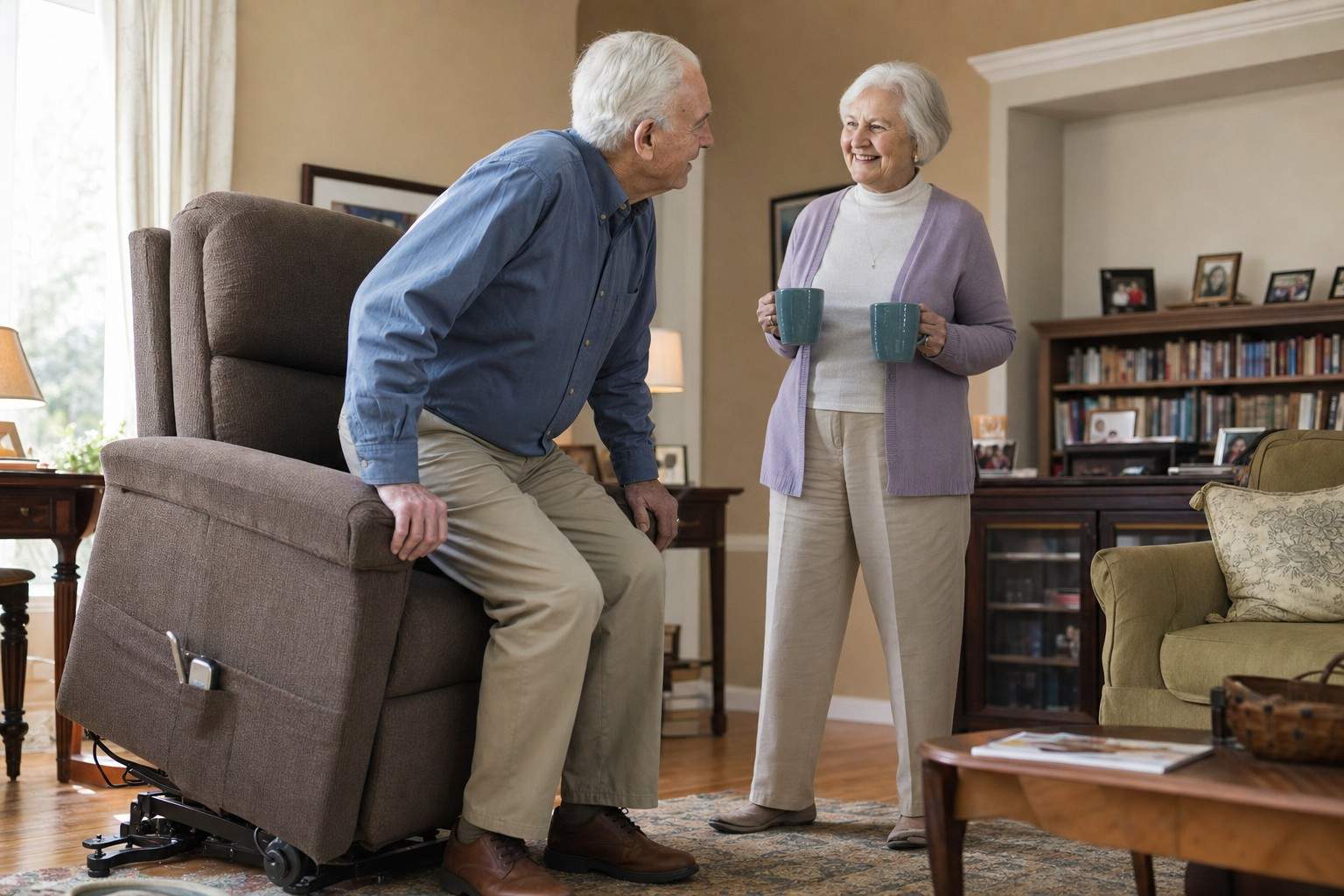 An older man rising from a power lift chair in a cozy living room while his wife stands nearby