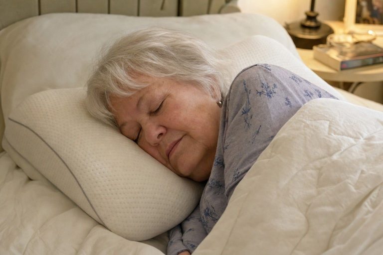 An older woman sleeping comfortably on her side on a contoured support pillow