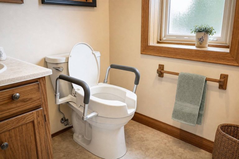A raised toilet seat with padded support arms fitted in a clean home bathroom