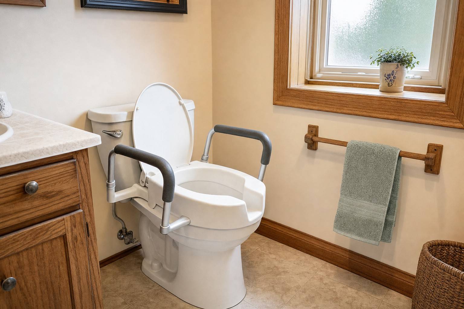 A raised toilet seat with padded support arms fitted in a clean home bathroom