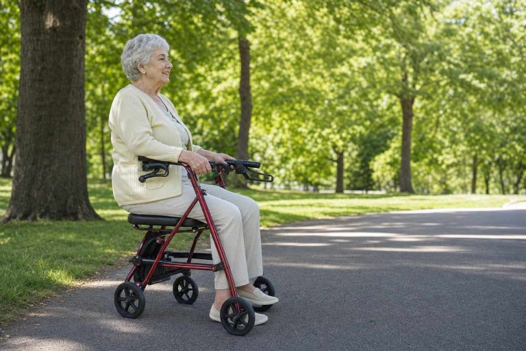 An older woman resting on the built-in seat of her rollator on a sunny park path