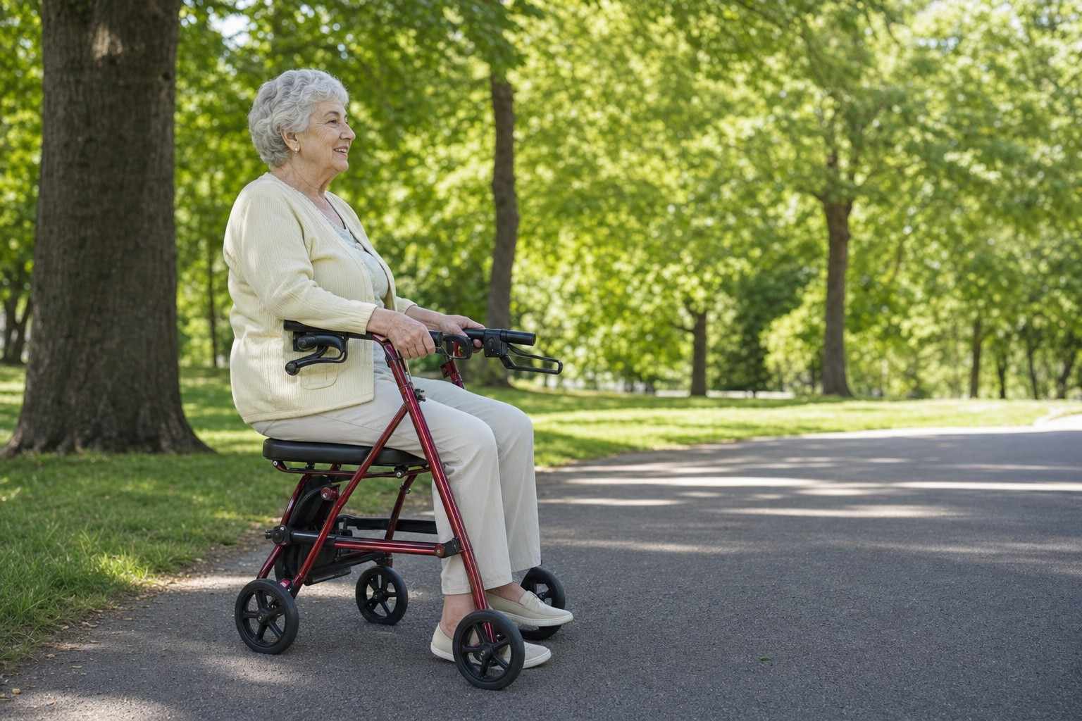 An older woman resting on the built-in seat of her rollator on a sunny park path