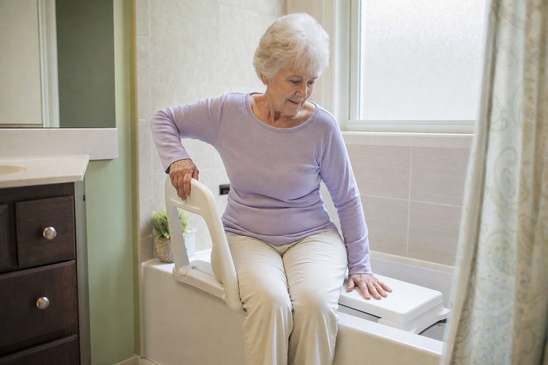 An older woman seated on a shower transfer bench that spans the edge of a bathtub