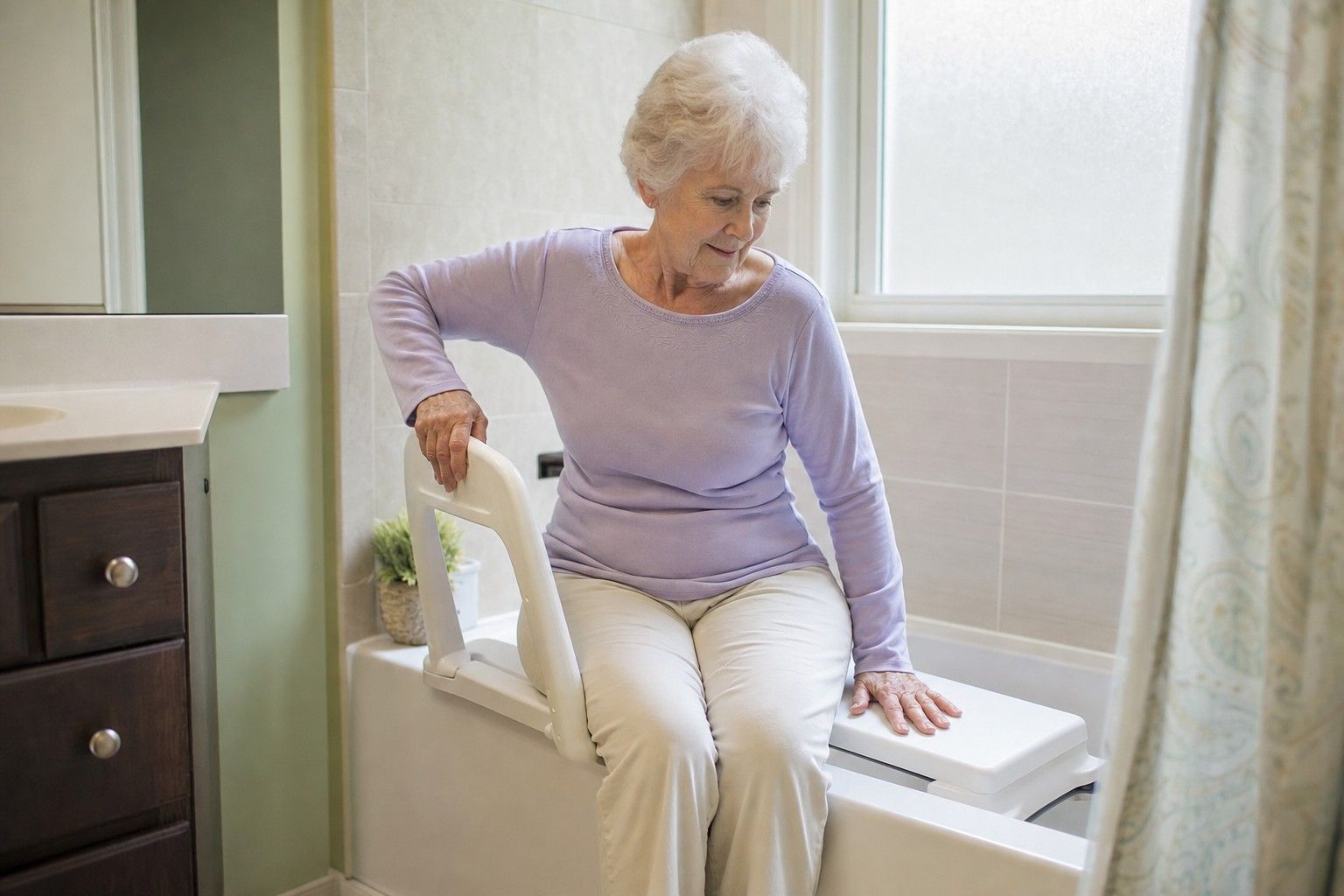 An older woman seated on a shower transfer bench that spans the edge of a bathtub
