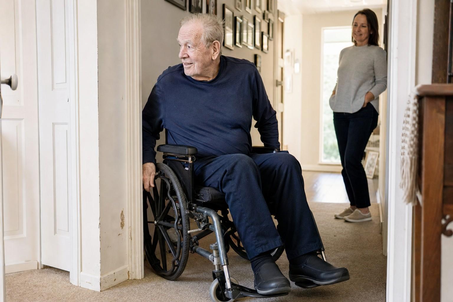 A man in a wheelchair turning through a hallway doorway at home while his adult daughter looks on, the door frame edge visible beside his armrest