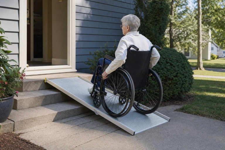 Portable aluminum wheelchair ramp over home front steps