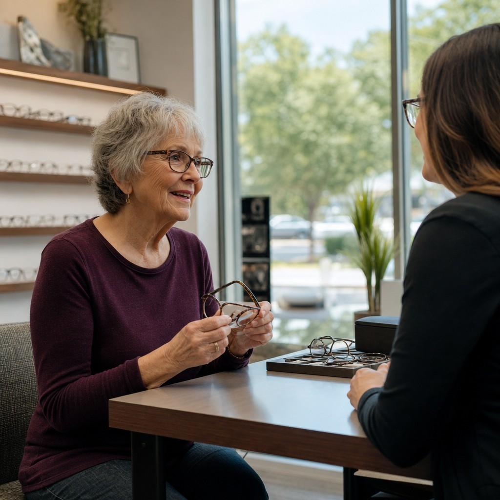 An older woman discussing eyeglass options with an optometrist in a bright practice