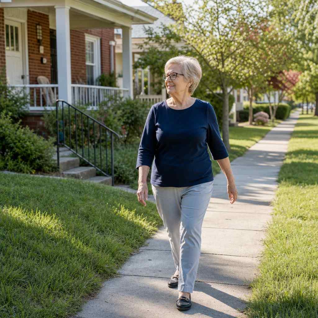 An older woman wearing glasses walking outdoors on a sunny neighborhood sidewalk