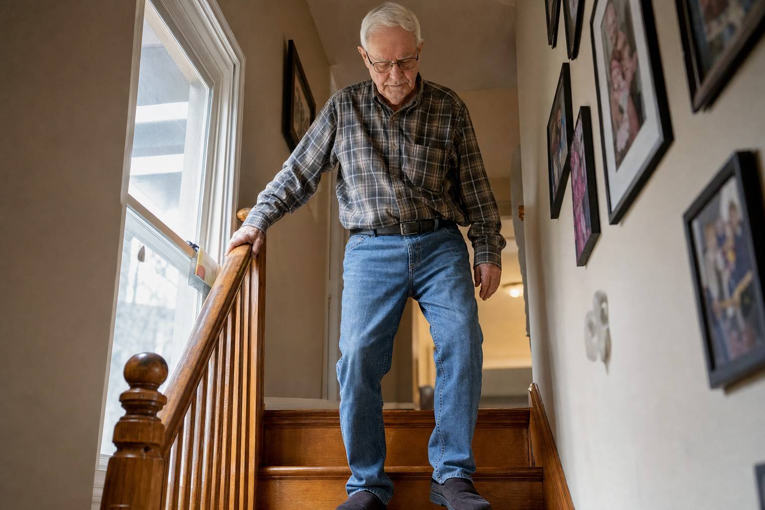 An older man wearing glasses pausing at the top of a staircase with his hand on the handrail, looking down attentively