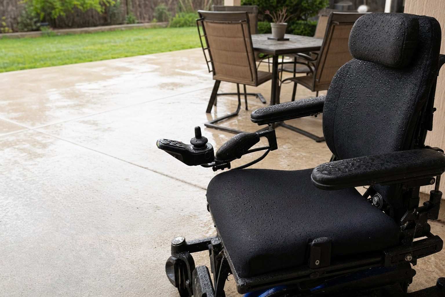 Empty electric wheelchair on a patio with rain droplets on the seat.