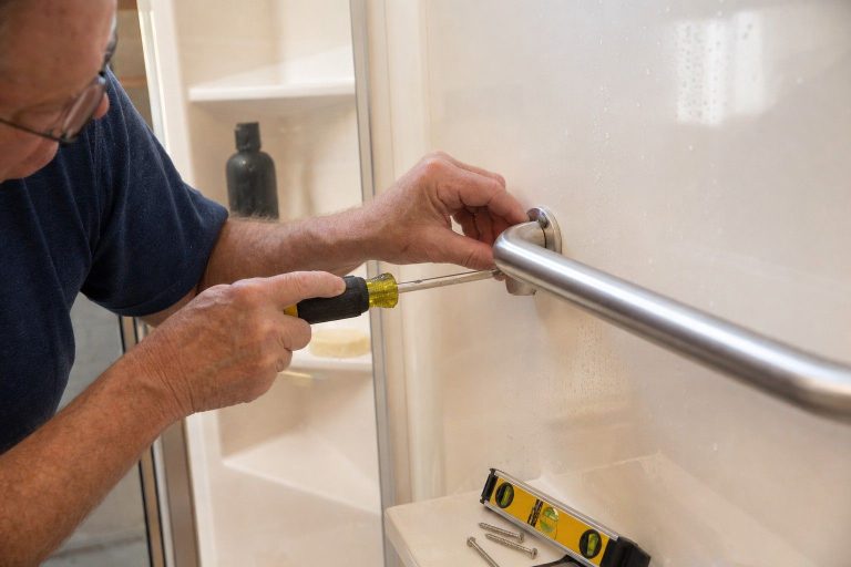 Hands installing a grab bar onto a fiberglass shower wall.