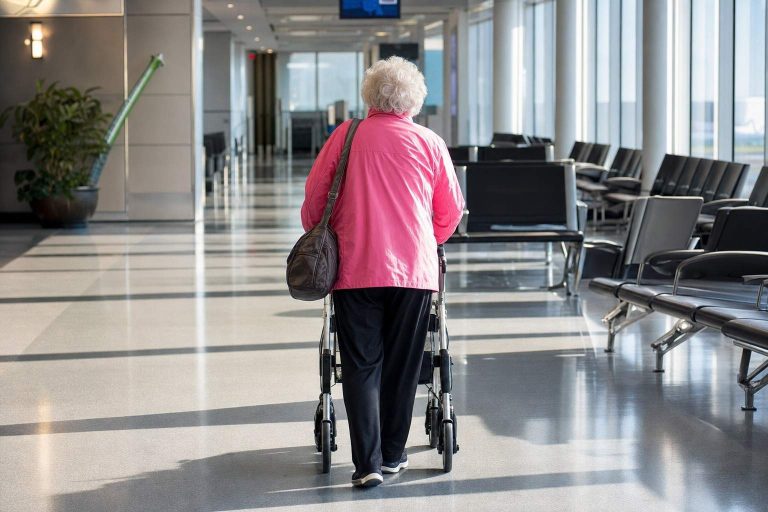 An older adult walking through an airport with a folding walker.