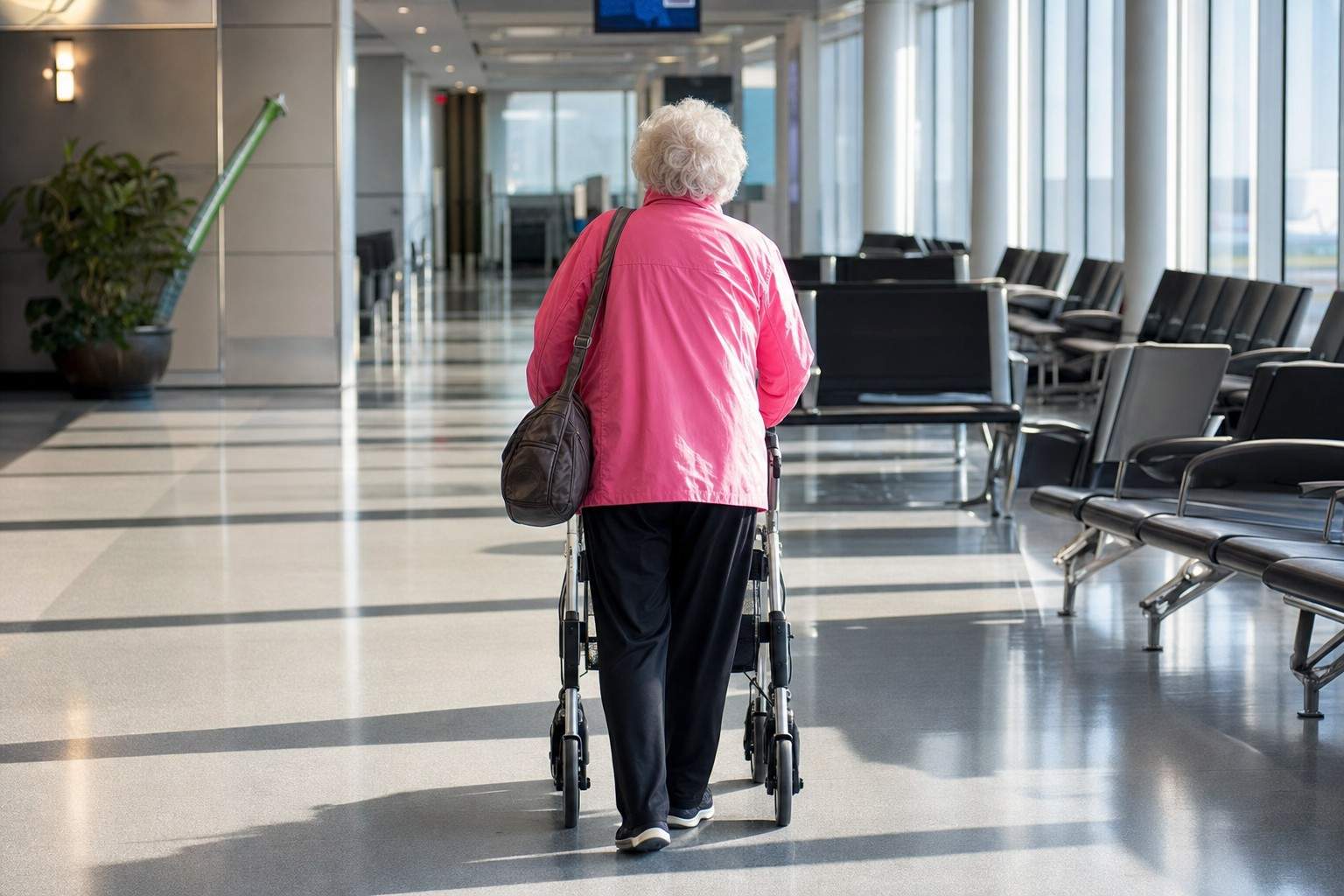 An older adult walking through an airport with a folding walker.