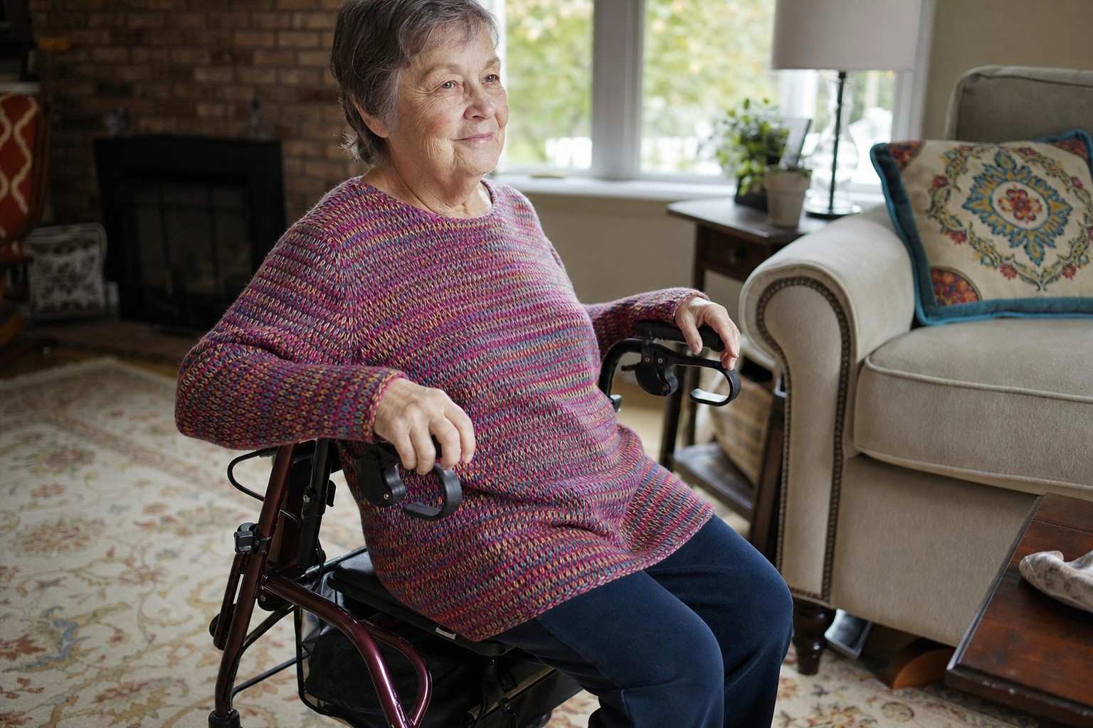 An older adult sitting on a rollator's seat in a living room.