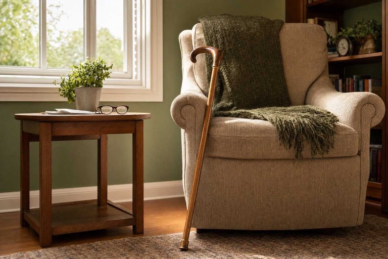 A wooden cane leaning against an armchair in a living room.