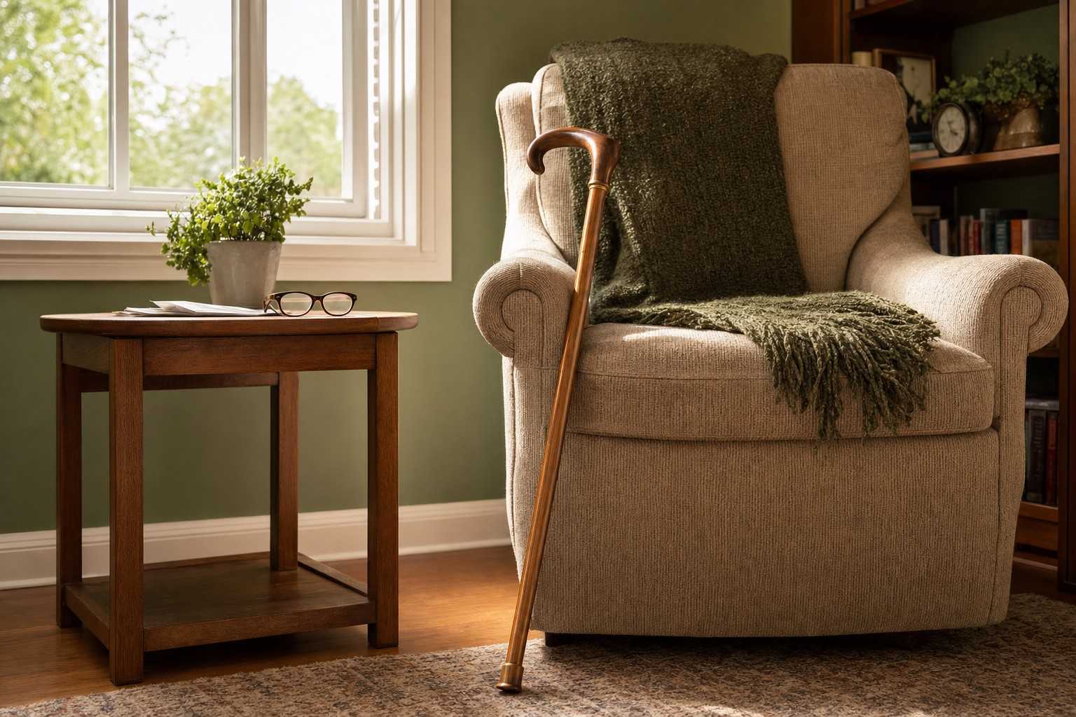 A wooden cane leaning against an armchair in a living room.