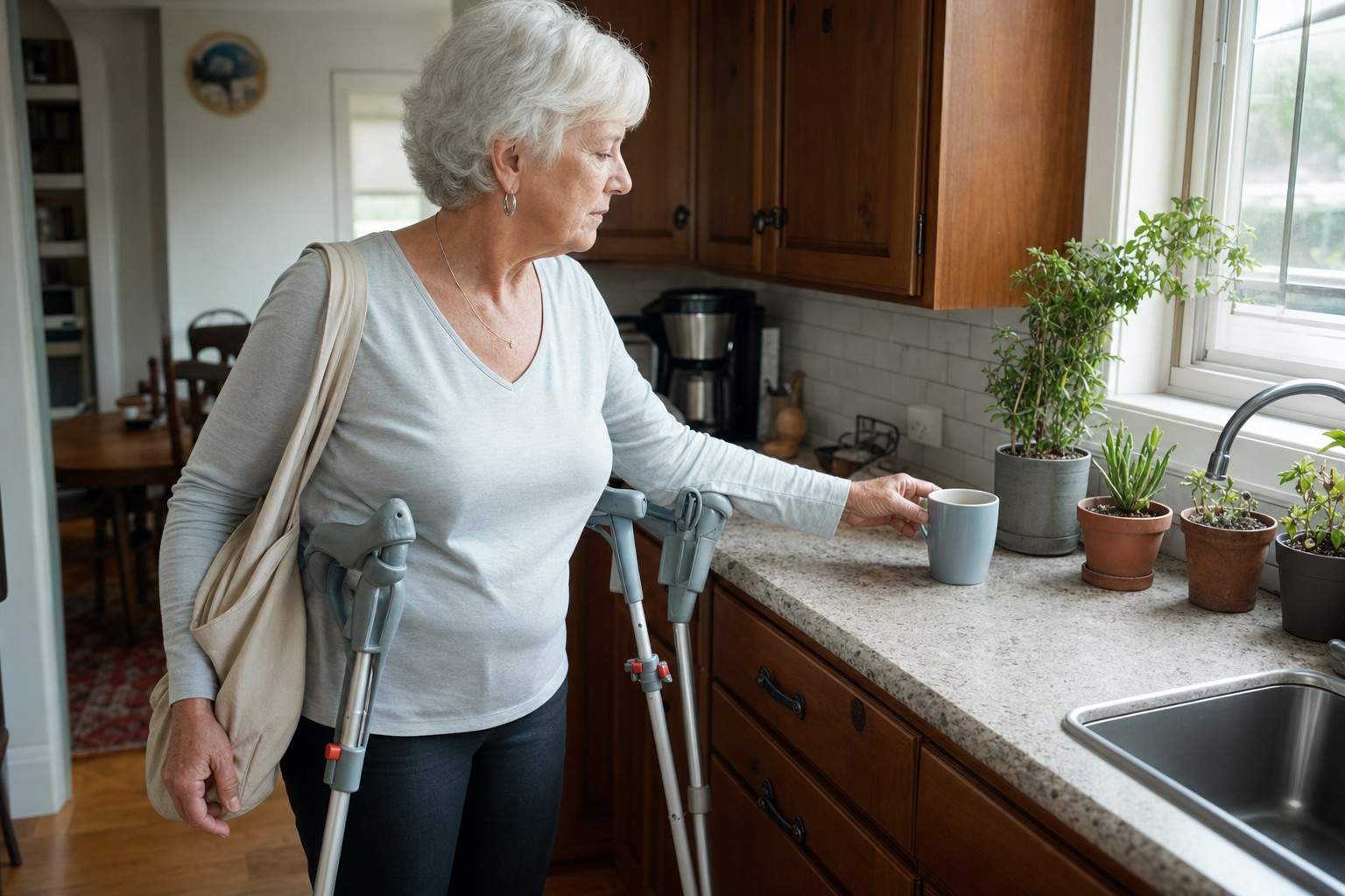 An older adult on crutches reaching for a mug in the kitchen.