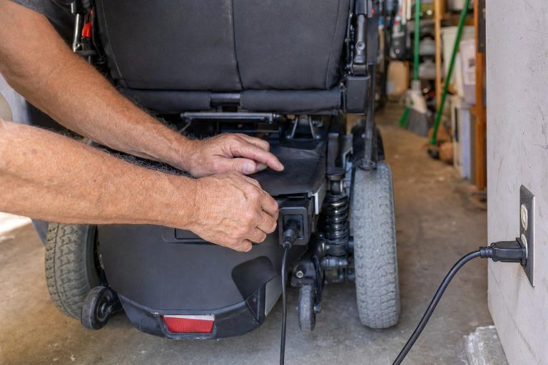 Hands plugging a charging cable into an electric wheelchair battery port.