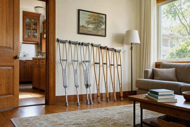 Several pairs of crutches leaning against a living room wall.