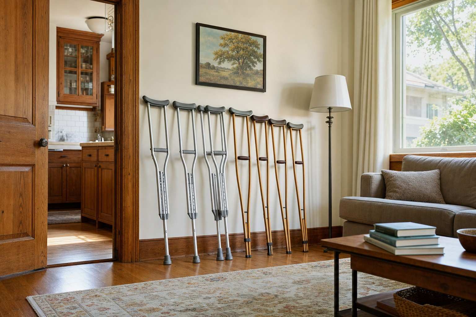 Several pairs of crutches leaning against a living room wall.