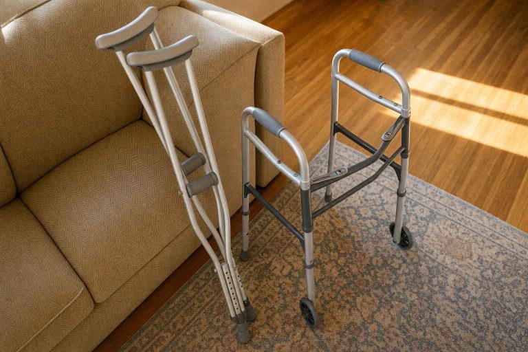 A pair of crutches and a folding walker side by side at home.
