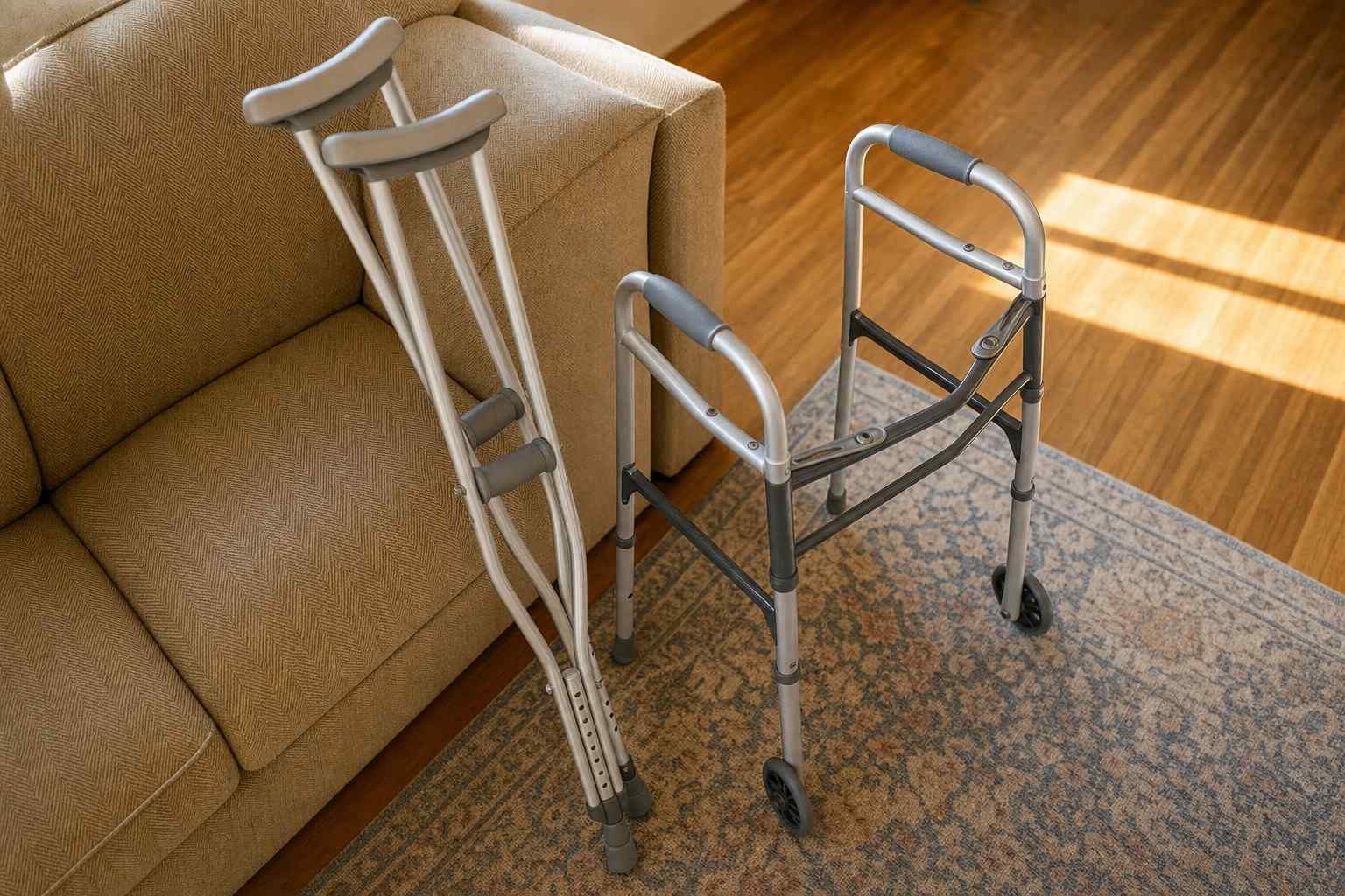 A pair of crutches and a folding walker side by side at home.