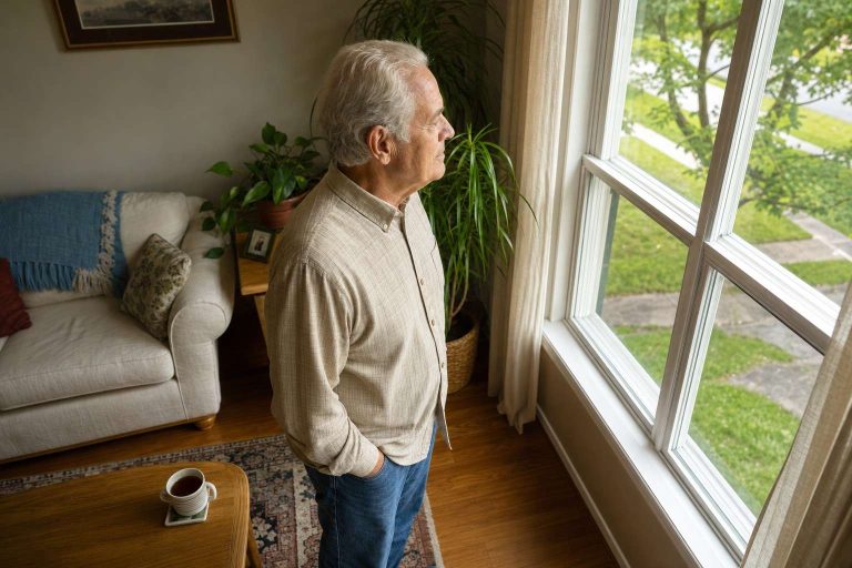 An older adult standing calmly beside a window in quiet reflection.