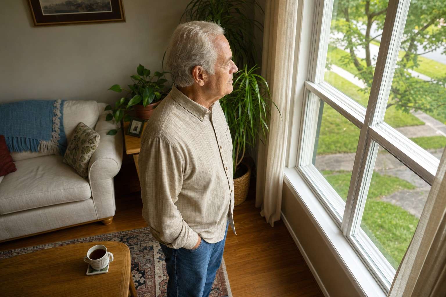 An older adult standing calmly beside a window in quiet reflection.