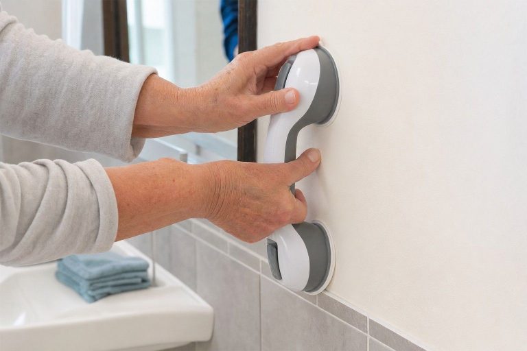Hands pressing a suction grab bar against a bathroom wall.