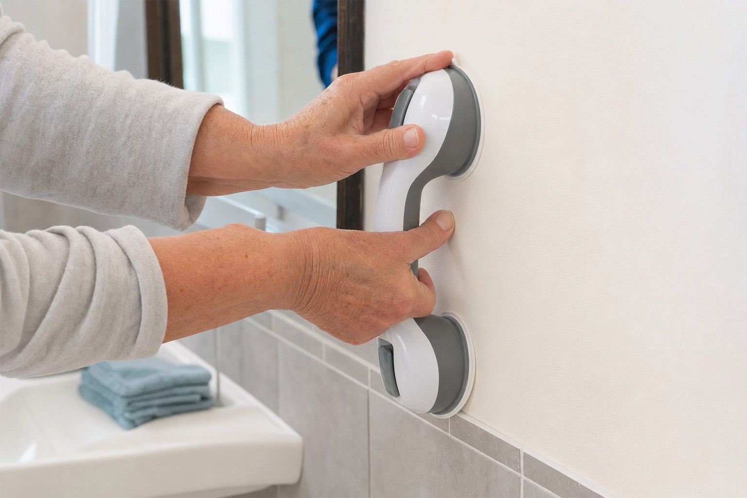 Hands pressing a suction grab bar against a bathroom wall.