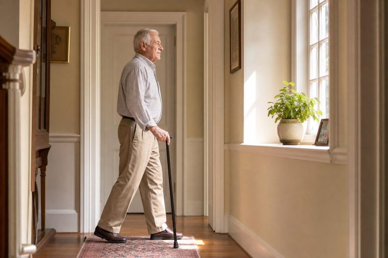 Older man walking confidently indoors with a walking cane