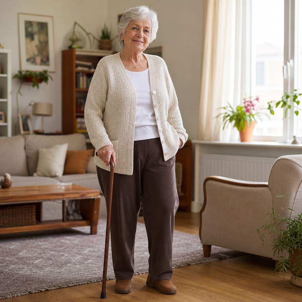 Older woman standing with a walking cane in a living room