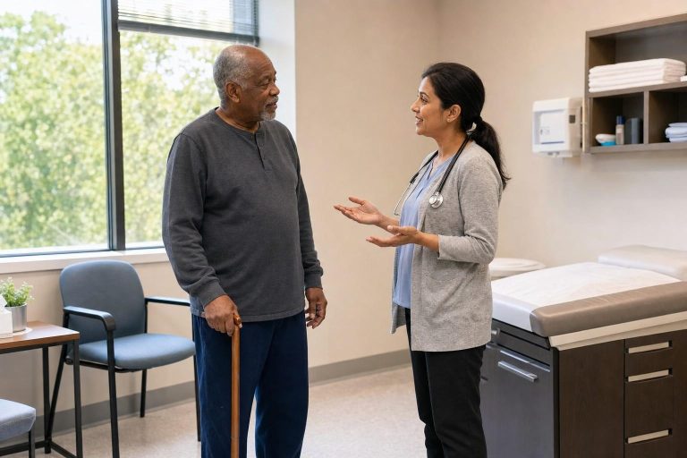 An older adult holding a cane while talking with a clinician.
