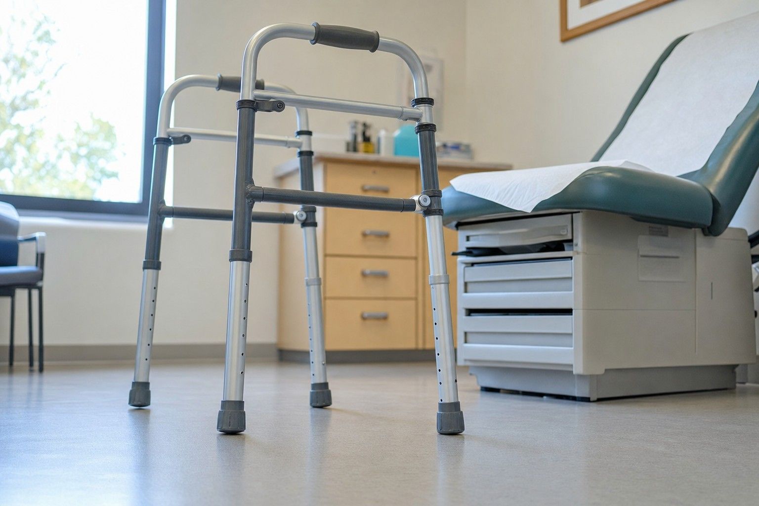 A folding walker standing alone in a clinic exam room.