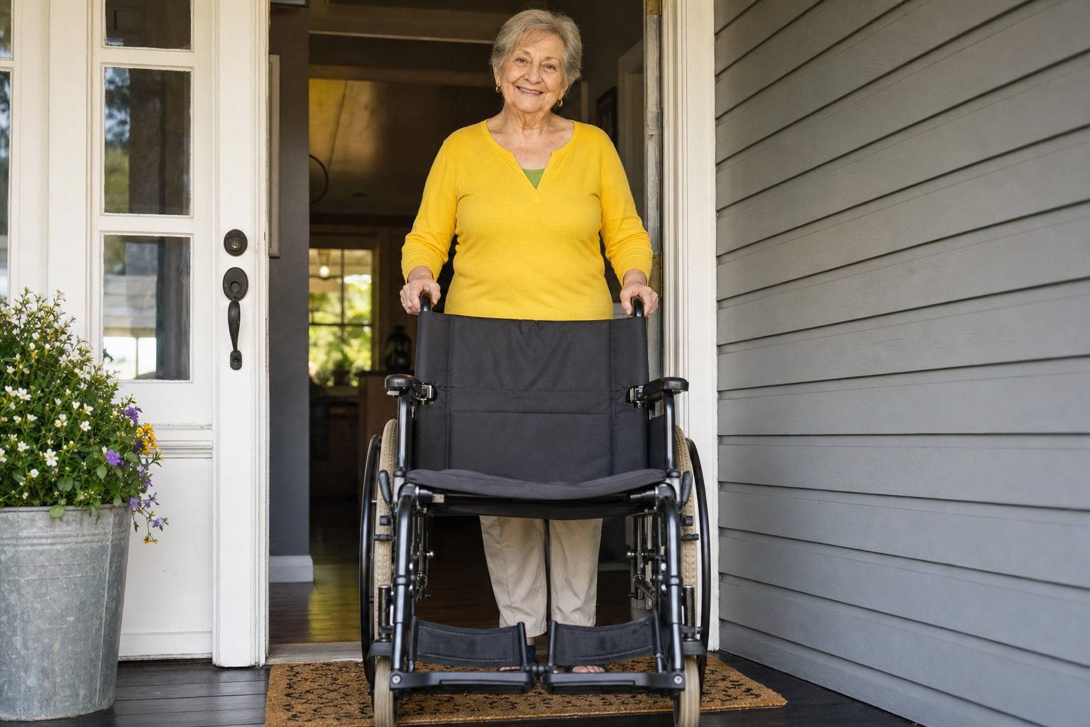 An older adult standing on a doorstep beside a wheelchair to donate.