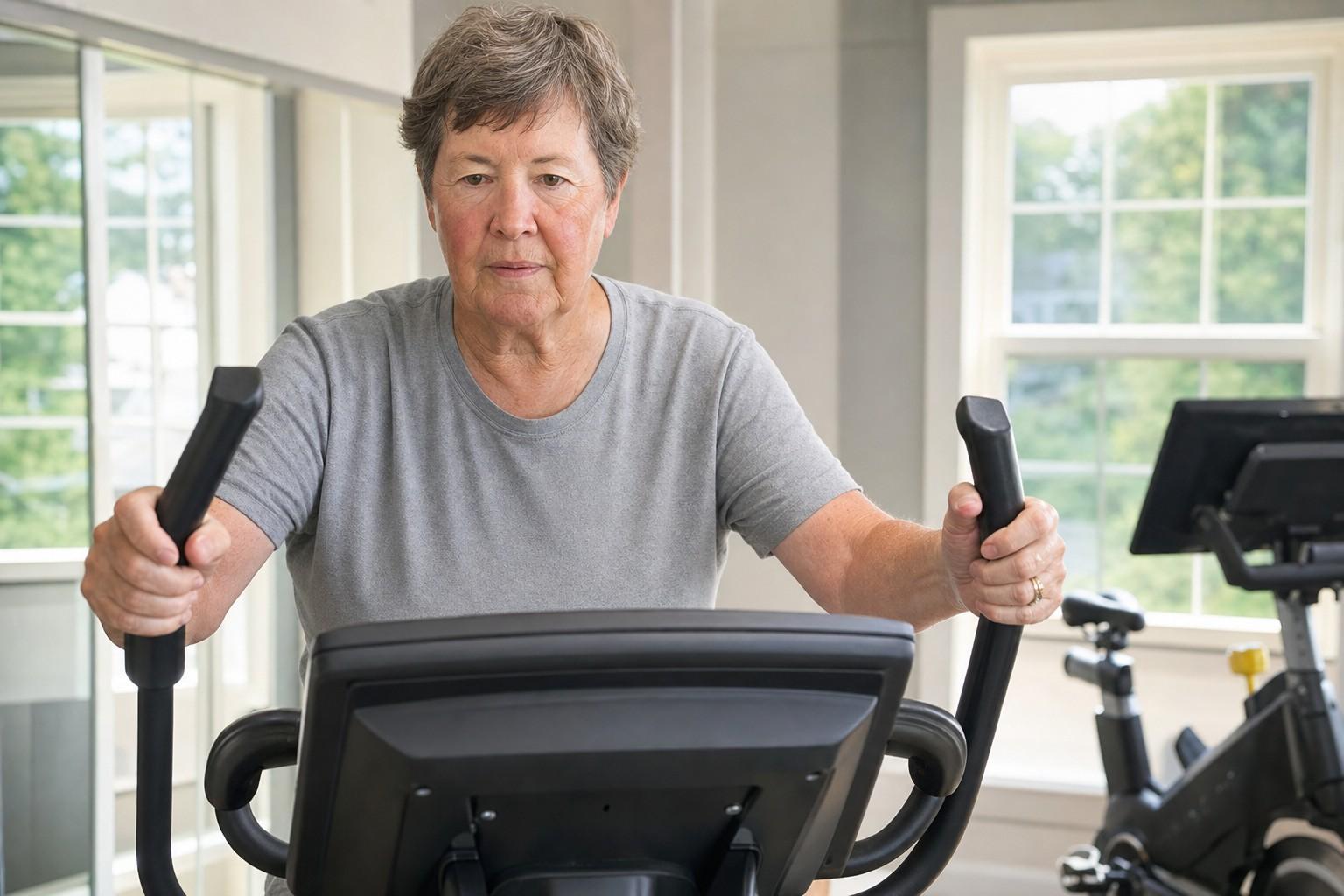 Older adult using an elliptical machine in a gym.