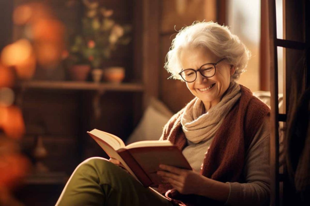 A female senior reading on a couch
