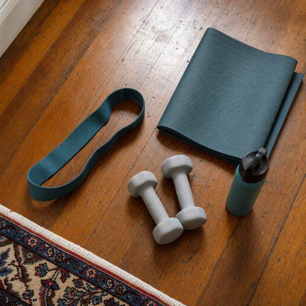 Simple home functional fitness kit laid out on a wooden floor: resistance band, light dumbbells and a folded exercise mat