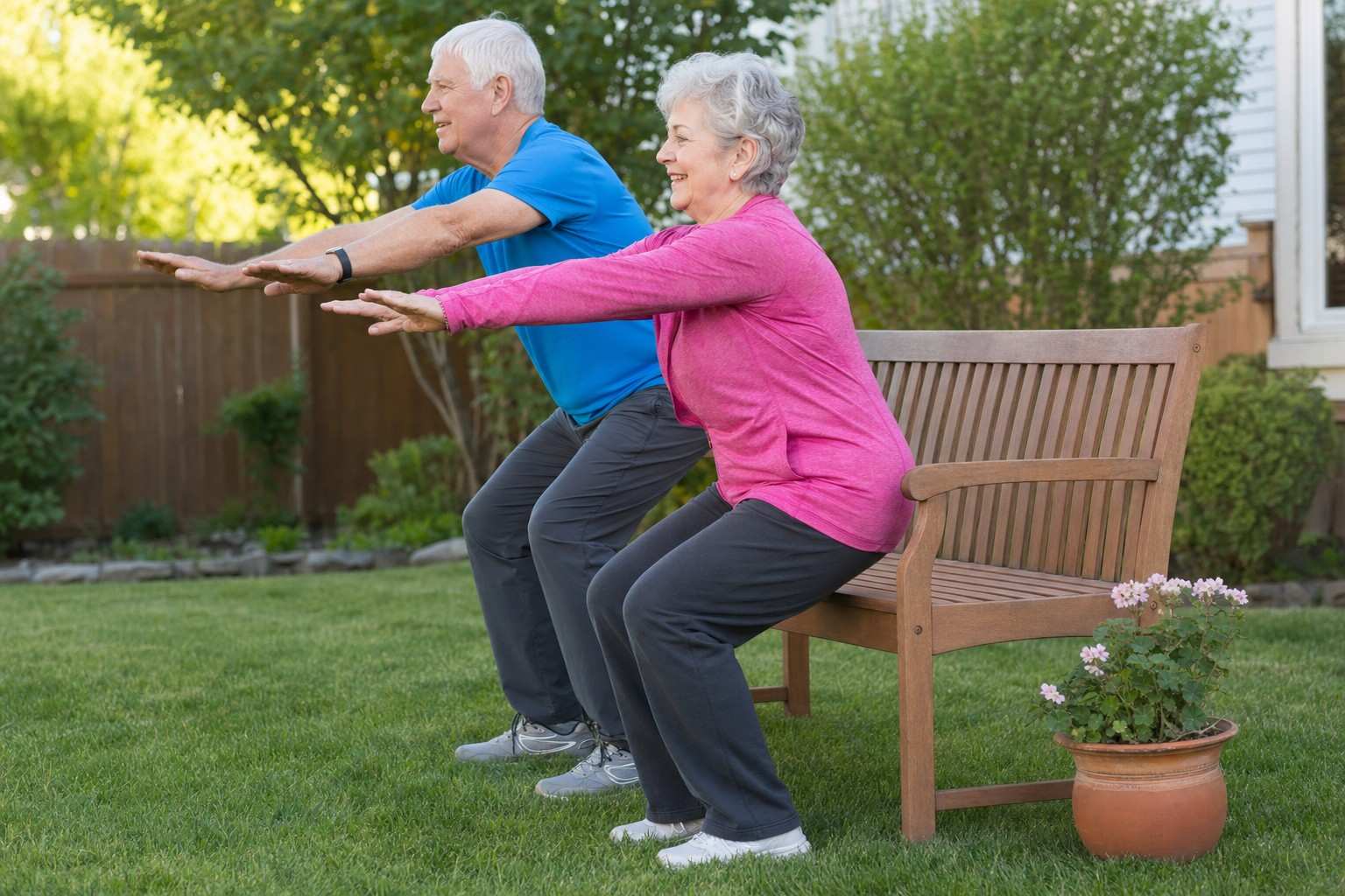An older couple practicing sit-to-stand squats to a garden bench together in their backyard